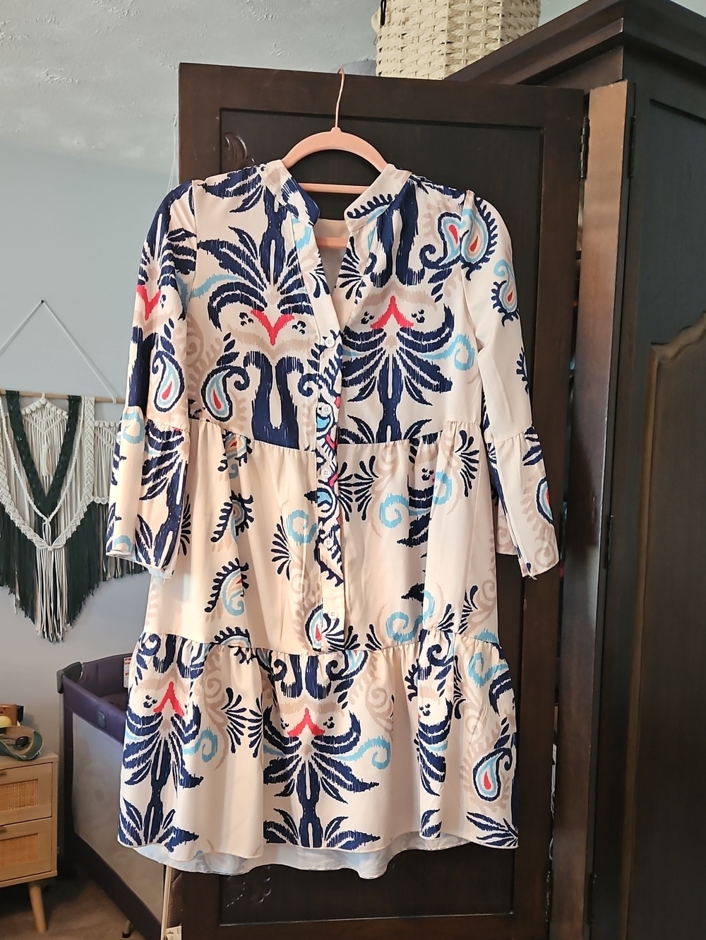 SHEIN Cream Tiered Long Sleeve Dress with Navy & Aqua Print